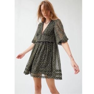 Urban Outfitters Green/Black Metallic Chiffon   Boho Mini Dress Small
